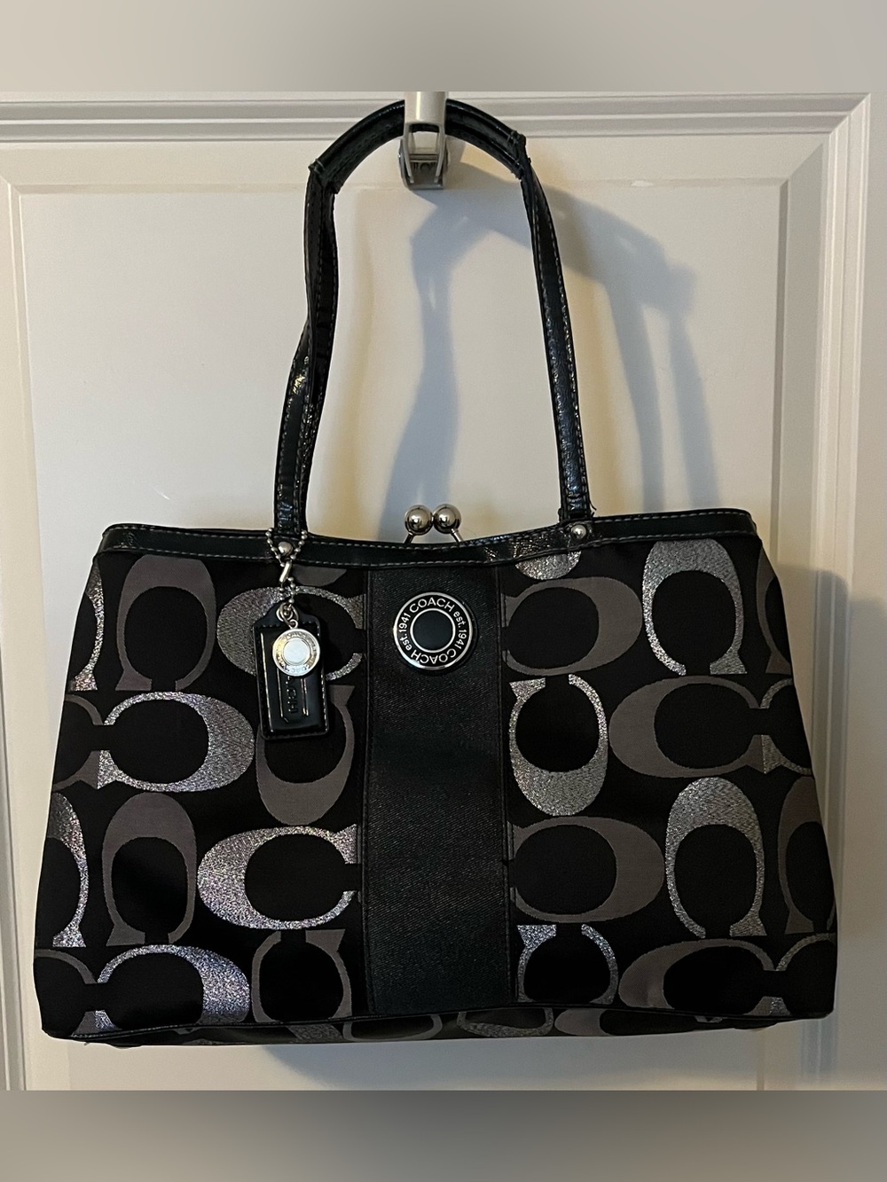 Coach Black Carryall Kisslock Frame Tote Gray & Silver C Monogram - Picture 2 of 16